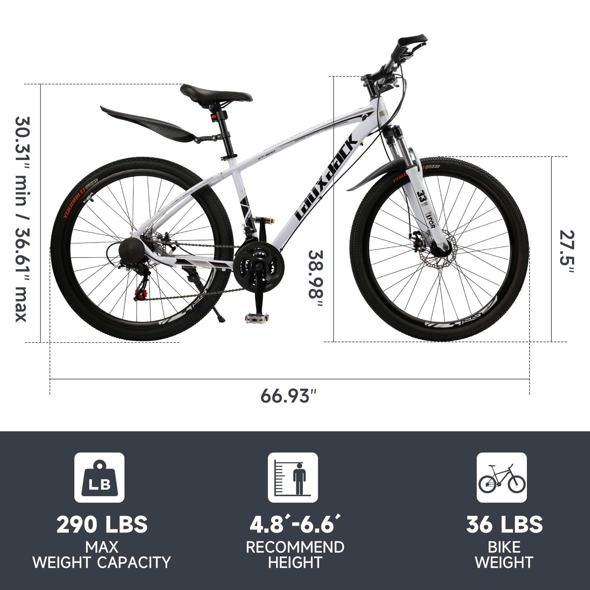 27.5 inches Mountain Bike 21 Speed Bikes Bicycle MTB White&Black+Bike Lock+Air Pump