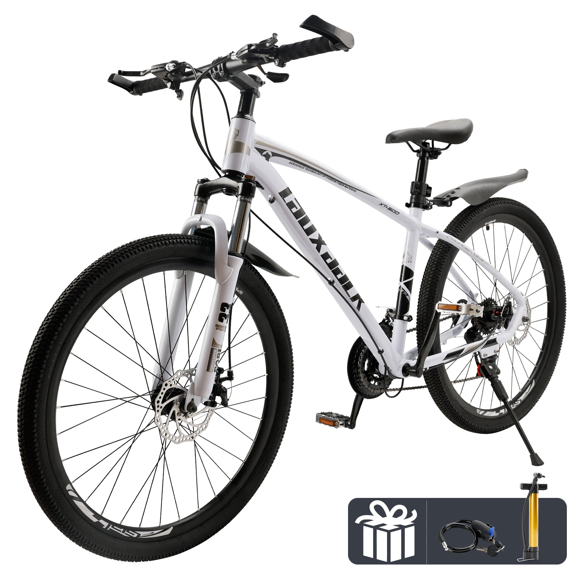 27.5 inches Mountain Bike 21 Speed Bikes Bicycle MTB White&Black+Bike Lock+Air Pump