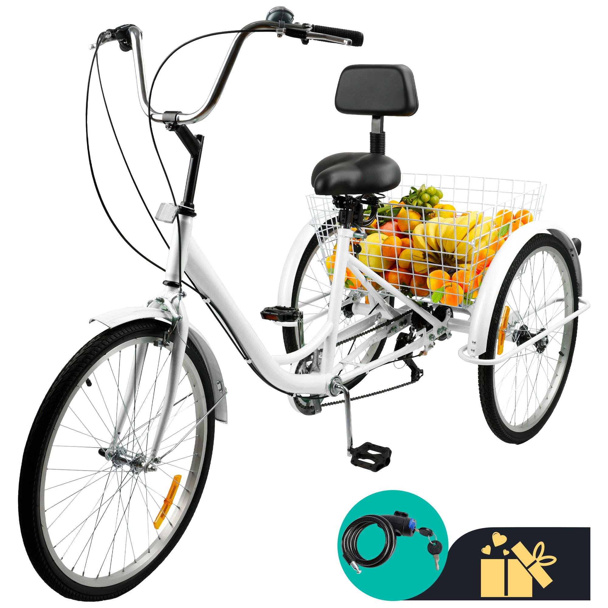 7-Speed 24" Adult 3 Wheel Tricycle Cruise Bike Bicycle Adult Tricycle With Basket White Sydney Stock for Sale Generic