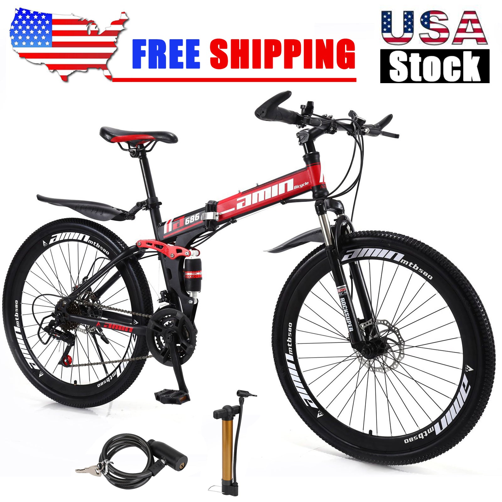 26" 21 Speed MTB Folding Bicycle Unisex Adult Mountain Bike Full Suspension