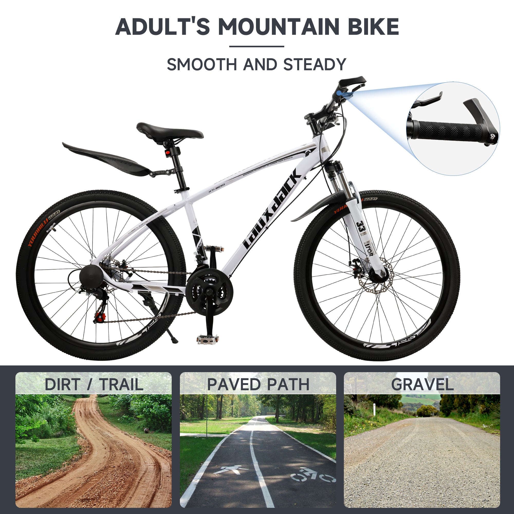 27.5 inches Mountain Bike 21 Speed Bikes Bicycle MTB White&Black+Bike Lock+Air Pump