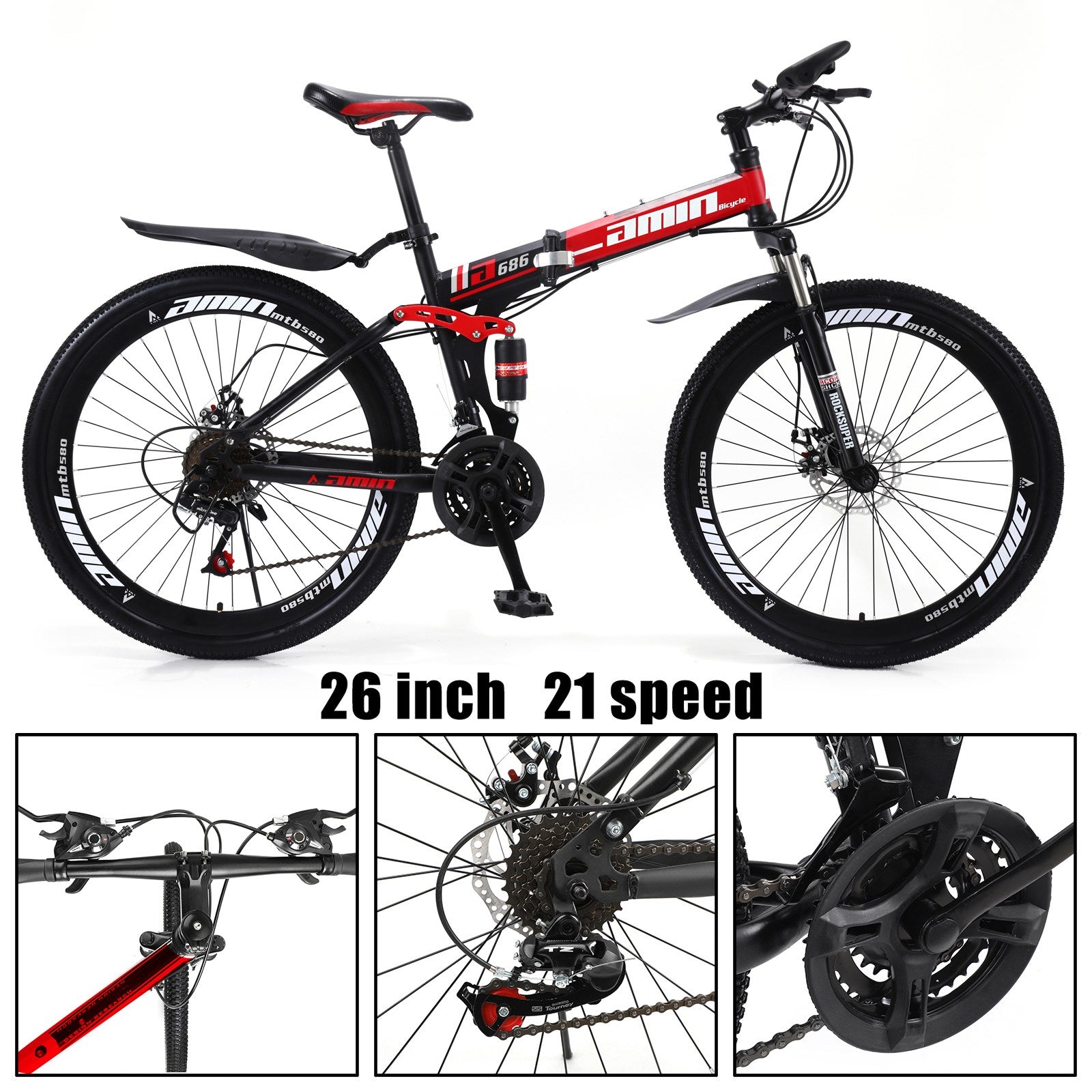 26" 21 Speed MTB Folding Bicycle Unisex Adult Mountain Bike Full Suspension