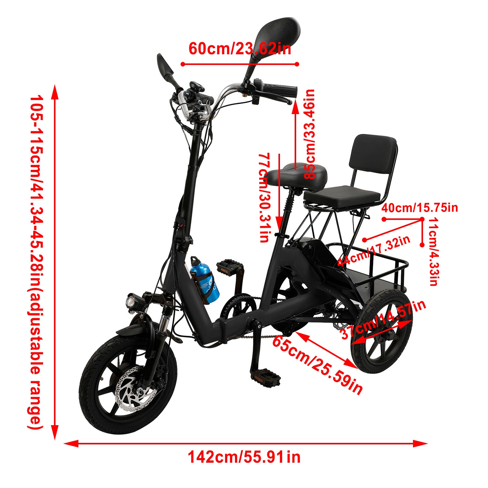 Electric Tricycle 3 Gear mode 3 Wheel Motorized Folding E-Bike