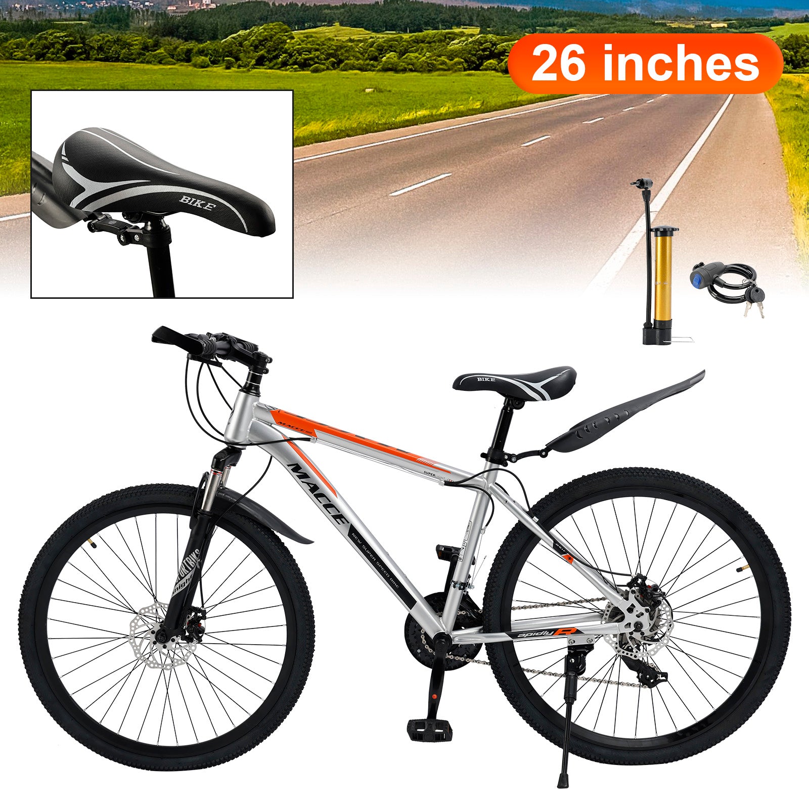 26 inch 27 Speed Double Disc Brake Mountain Bike MTB Bicycle For Adults With Cup Holder Fender Silver