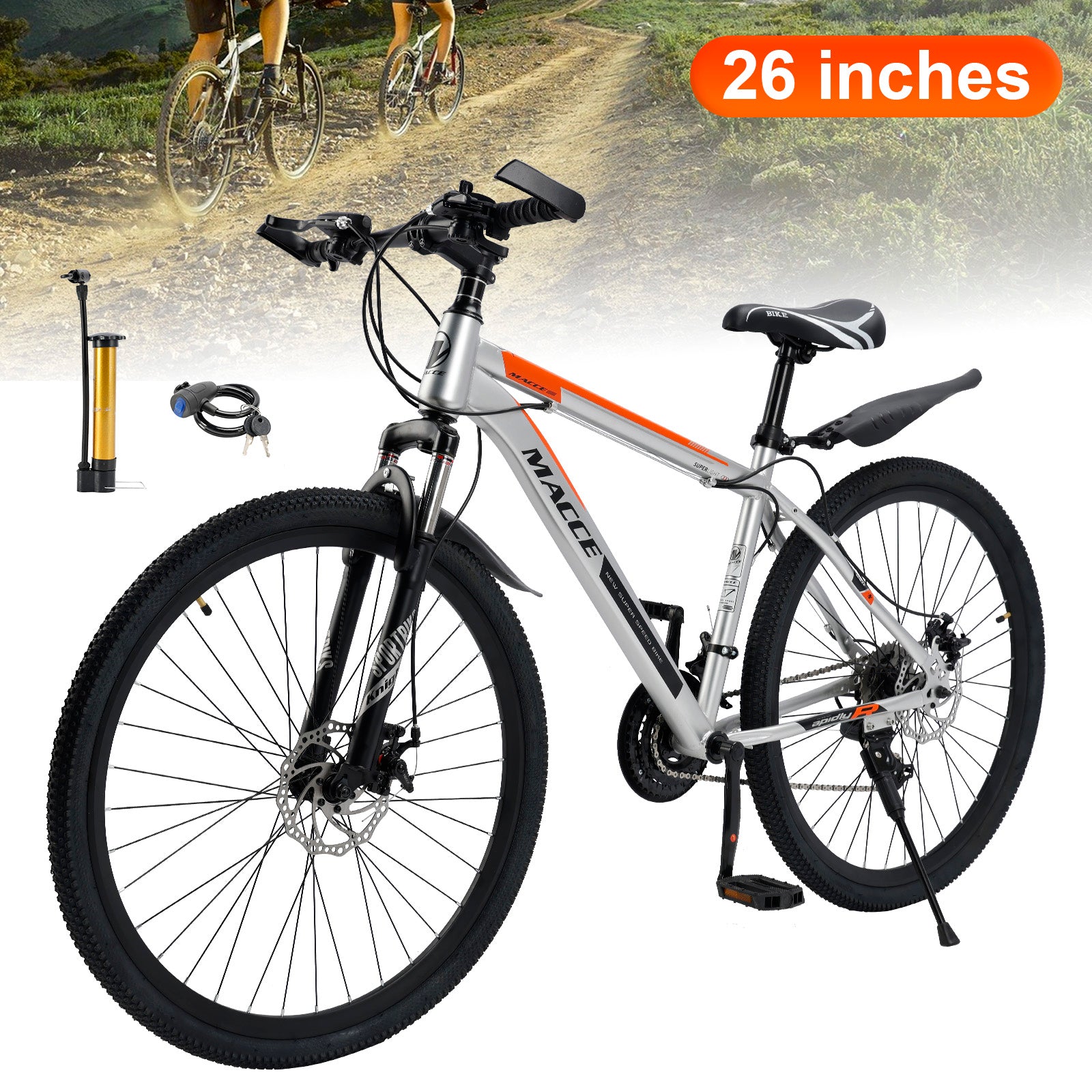 26 inch 27 Speed Double Disc Brake Mountain Bike MTB Bicycle For Adults With Cup Holder Fender Silver