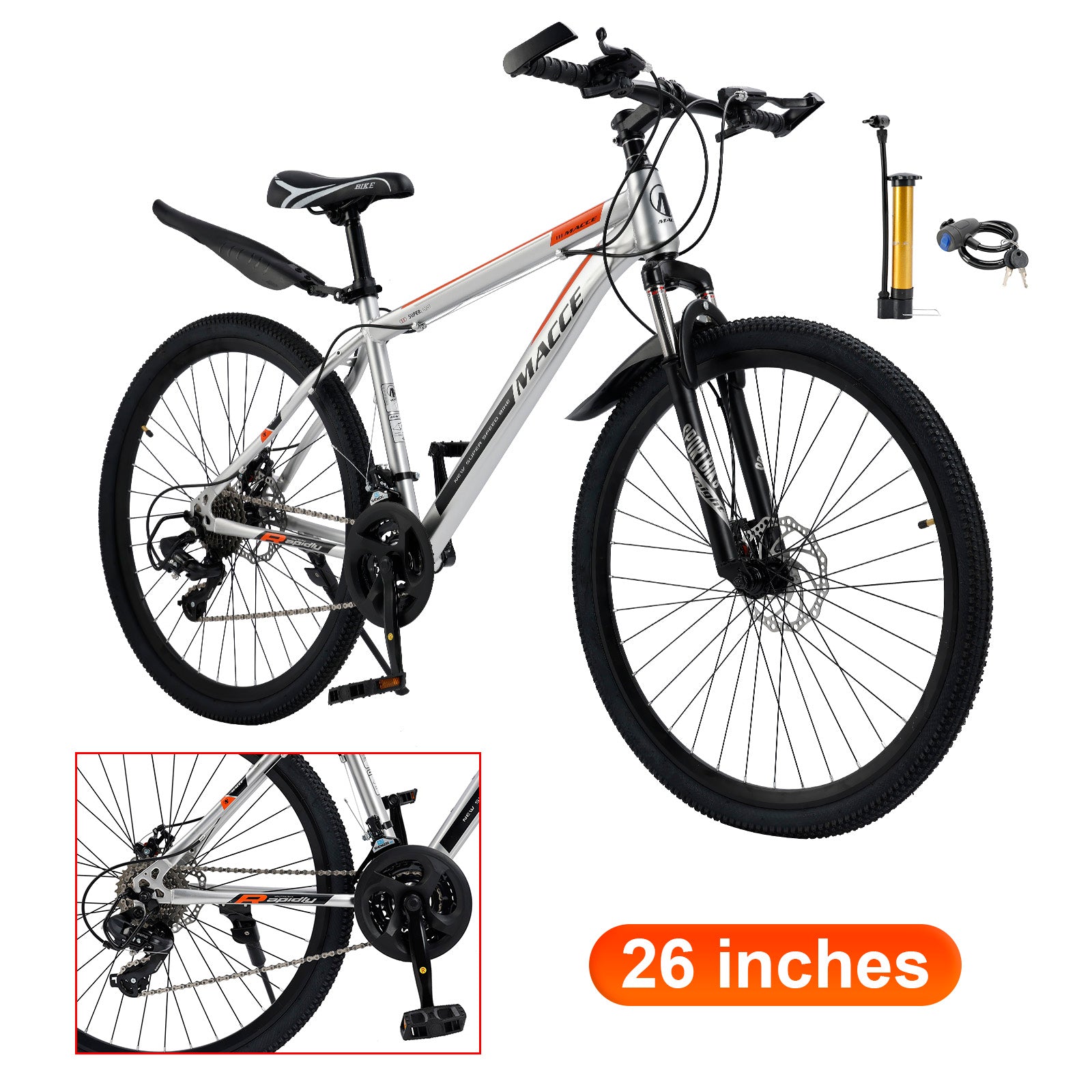 26 inch 27 Speed Double Disc Brake Mountain Bike MTB Bicycle For Adults With Cup Holder Fender Silver