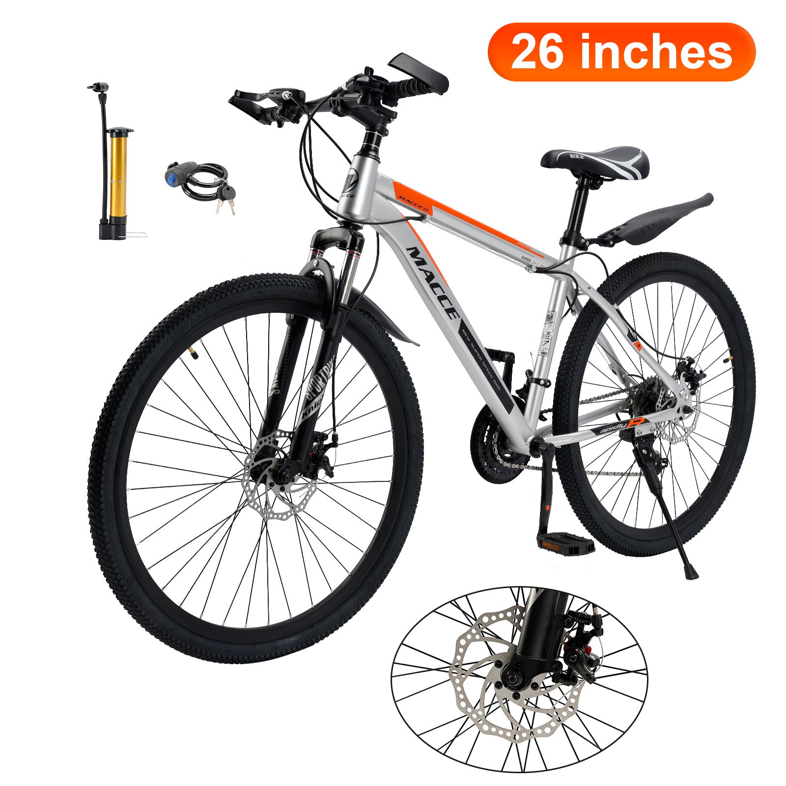 26 inch 27 Speed Double Disc Brake Mountain Bike MTB Bicycle For Adults With Cup Holder Fender Silver