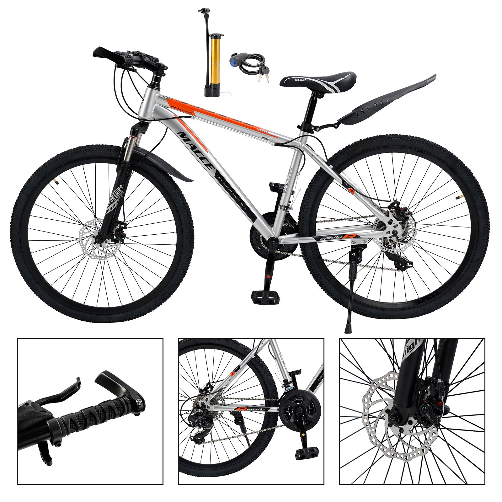 26 inch 27 Speed Double Disc Brake Mountain Bike MTB Bicycle For Adults With Cup Holder Fender Silver