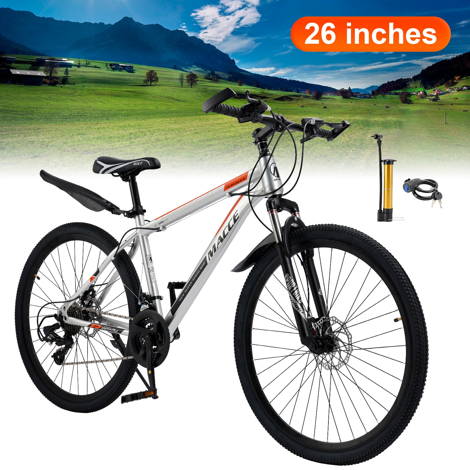 26 inch 27 Speed Double Disc Brake Mountain Bike MTB Bicycle For Adults With Cup Holder Fender Silver