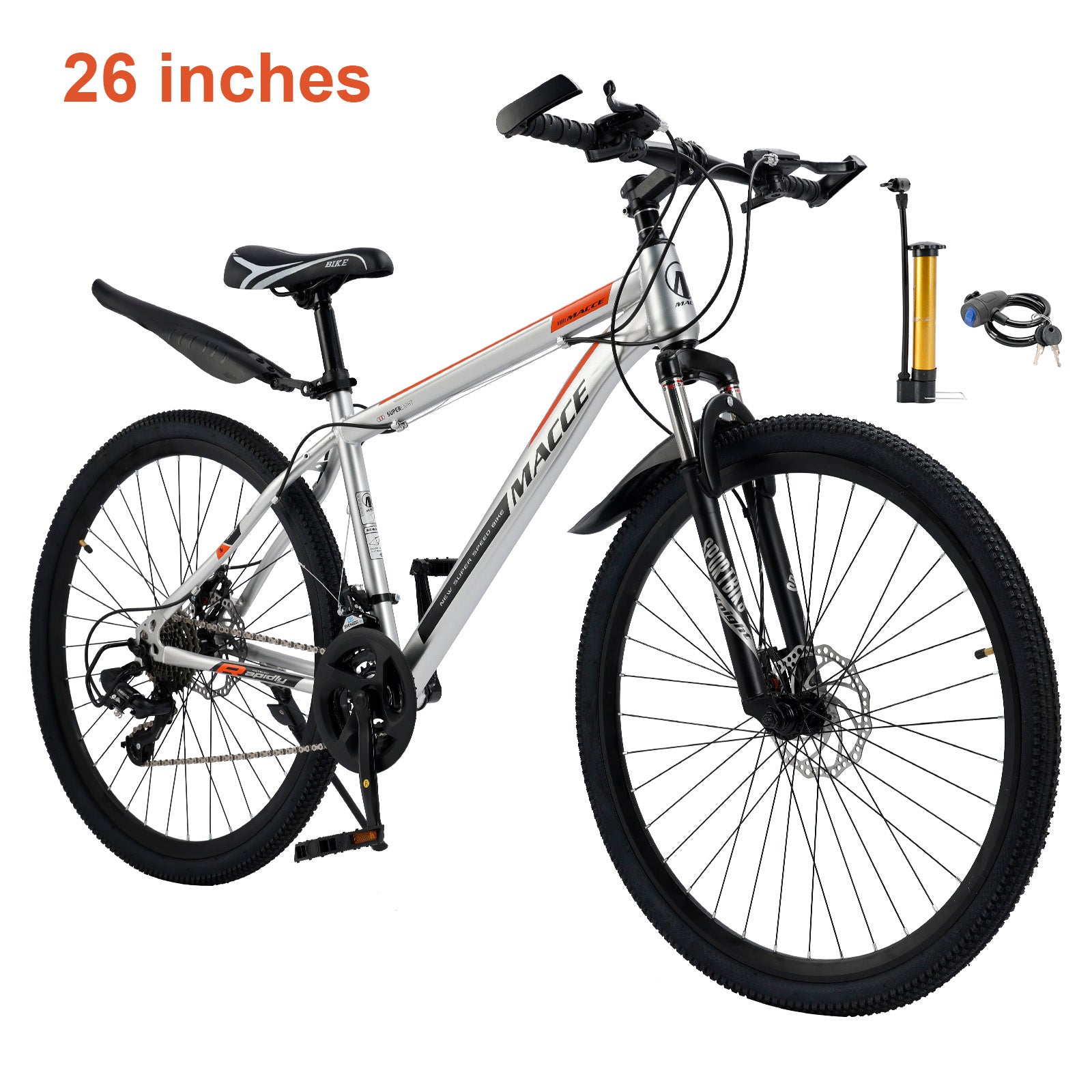 26 inch 27 Speed Double Disc Brake Mountain Bike MTB Bicycle For Adults With Cup Holder Fender Silver