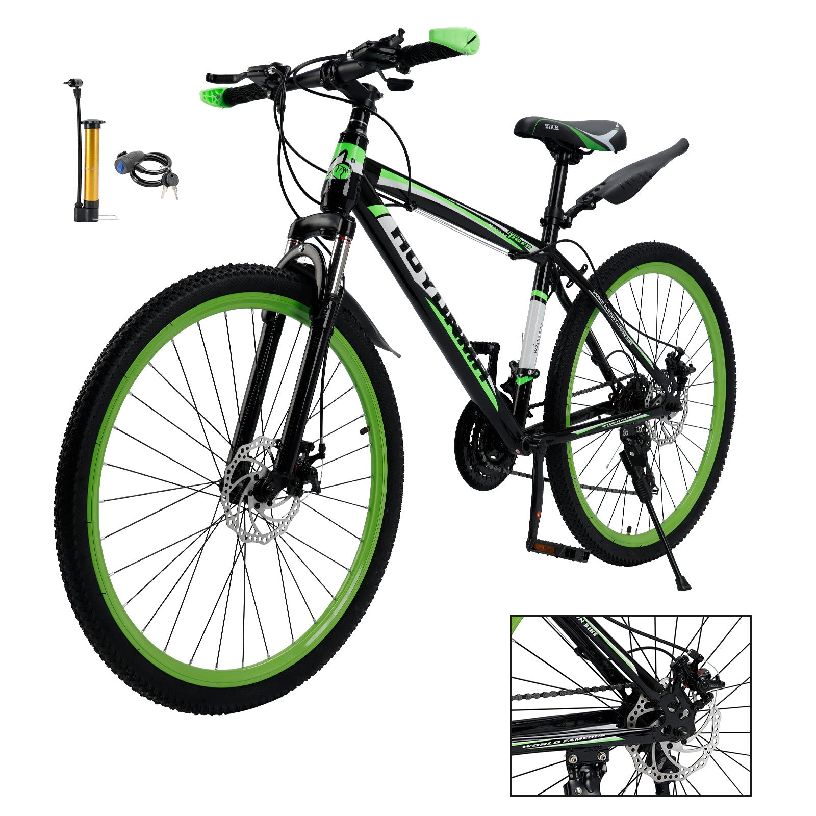 26" Spoke Wheel 24 Speed Mountain Bike MTB with Disc Brake Black+Green