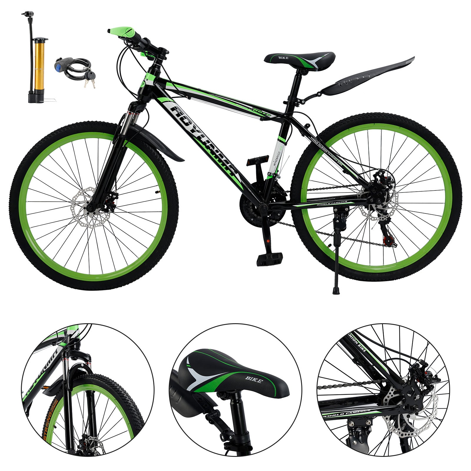 26" Spoke Wheel 24 Speed Mountain Bike MTB with Disc Brake Black+Green