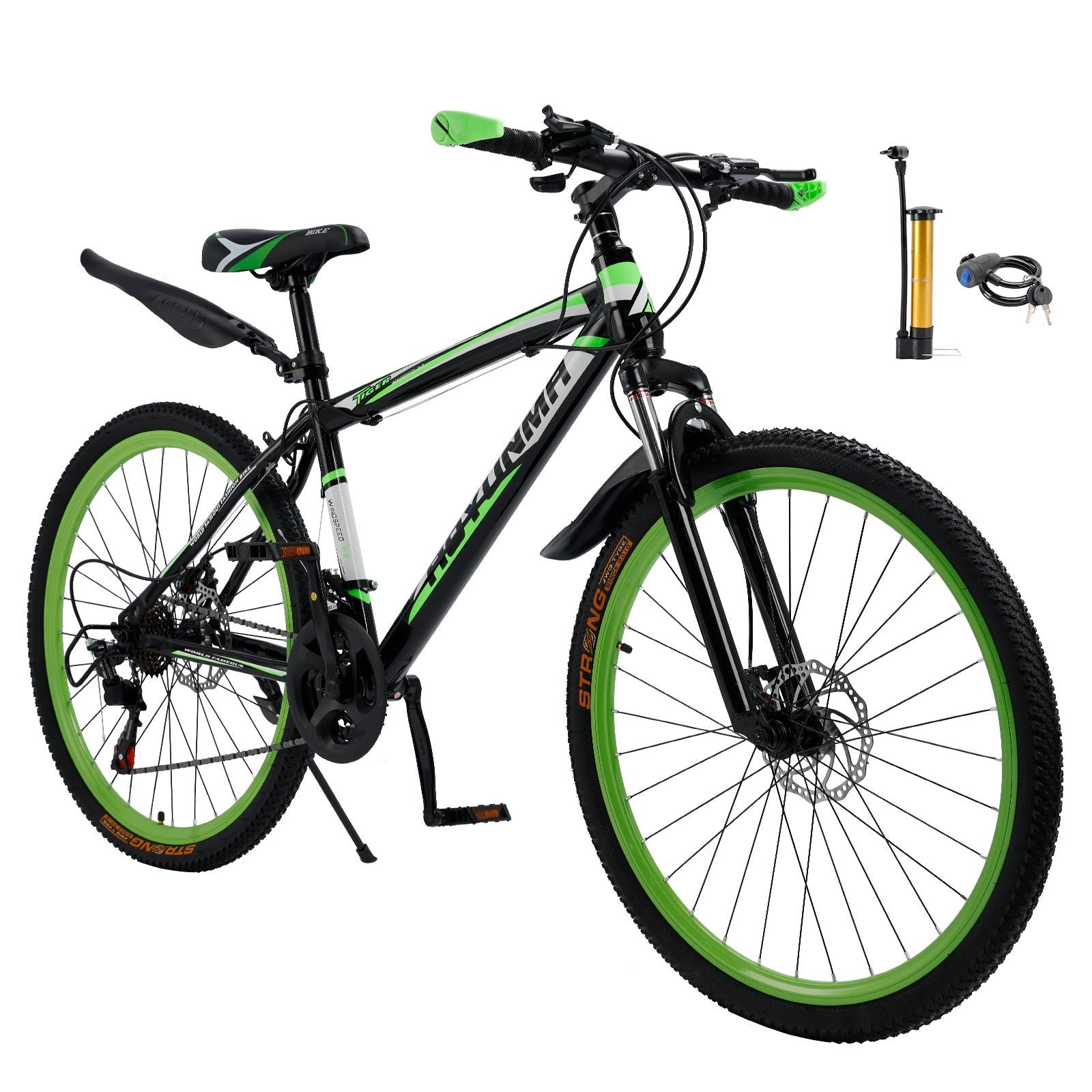 26" Spoke Wheel 24 Speed Mountain Bike MTB with Disc Brake Black+Green