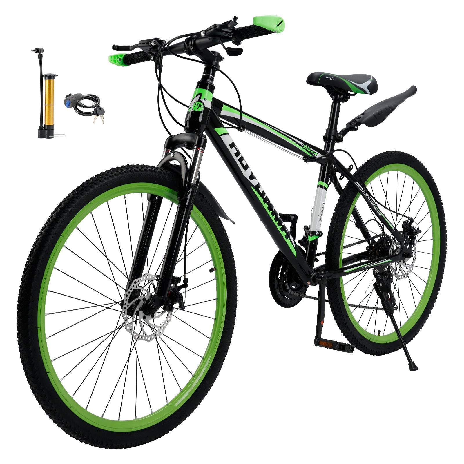 26" Spoke Wheel 24 Speed Mountain Bike MTB with Disc Brake Black+Green