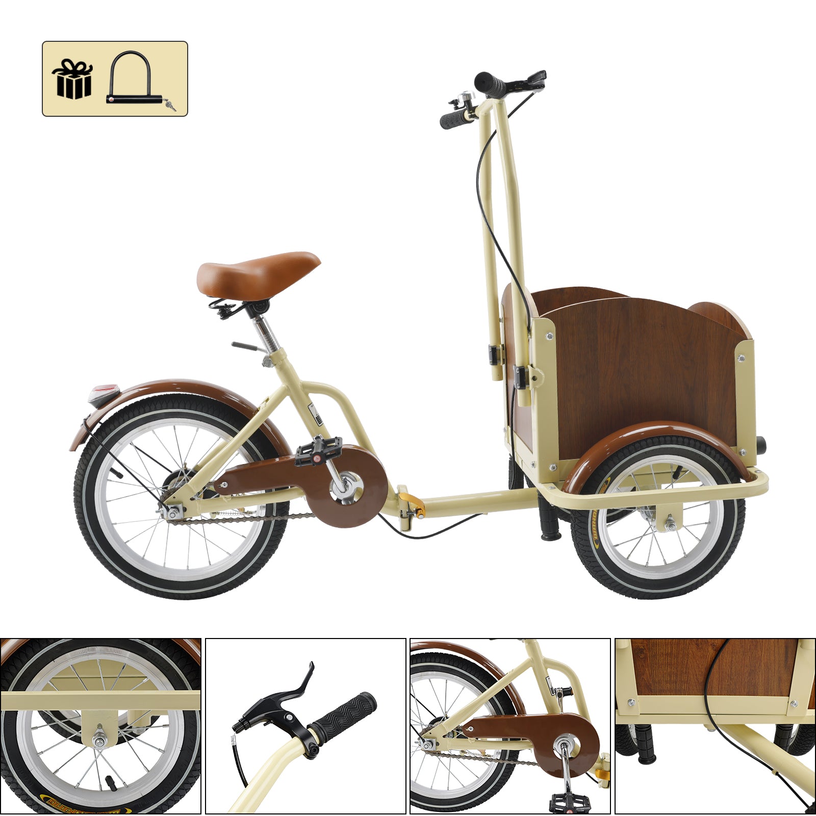 Folding Tricycle Cart Reverse Cream Three-wheel Bike for Adult Children/Lady loading basket for Pet Dog