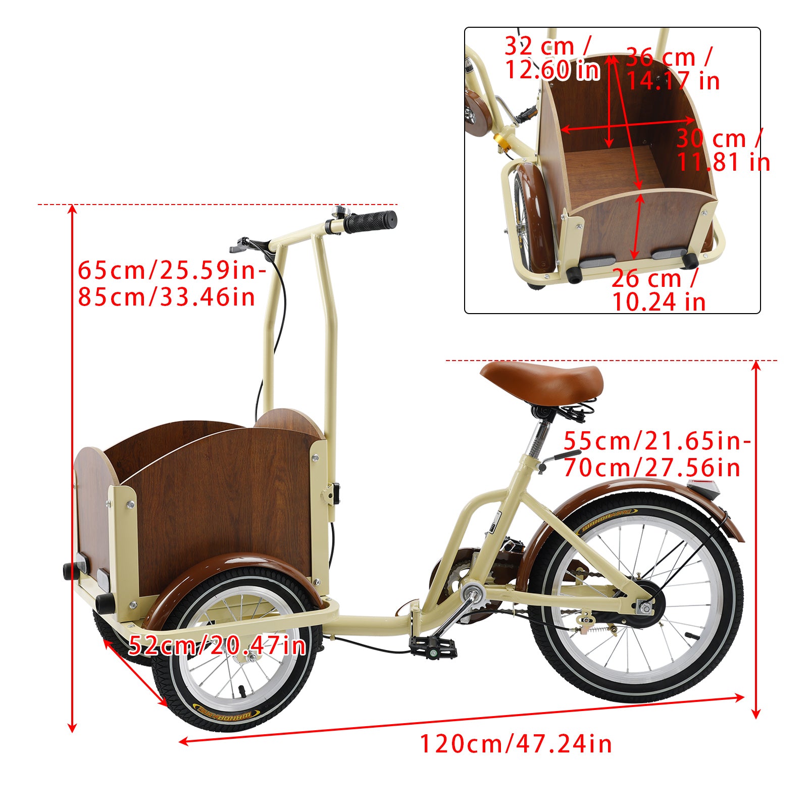 Folding Tricycle Cart Reverse Cream Three-wheel Bike for Adult Children/Lady loading basket for Pet Dog