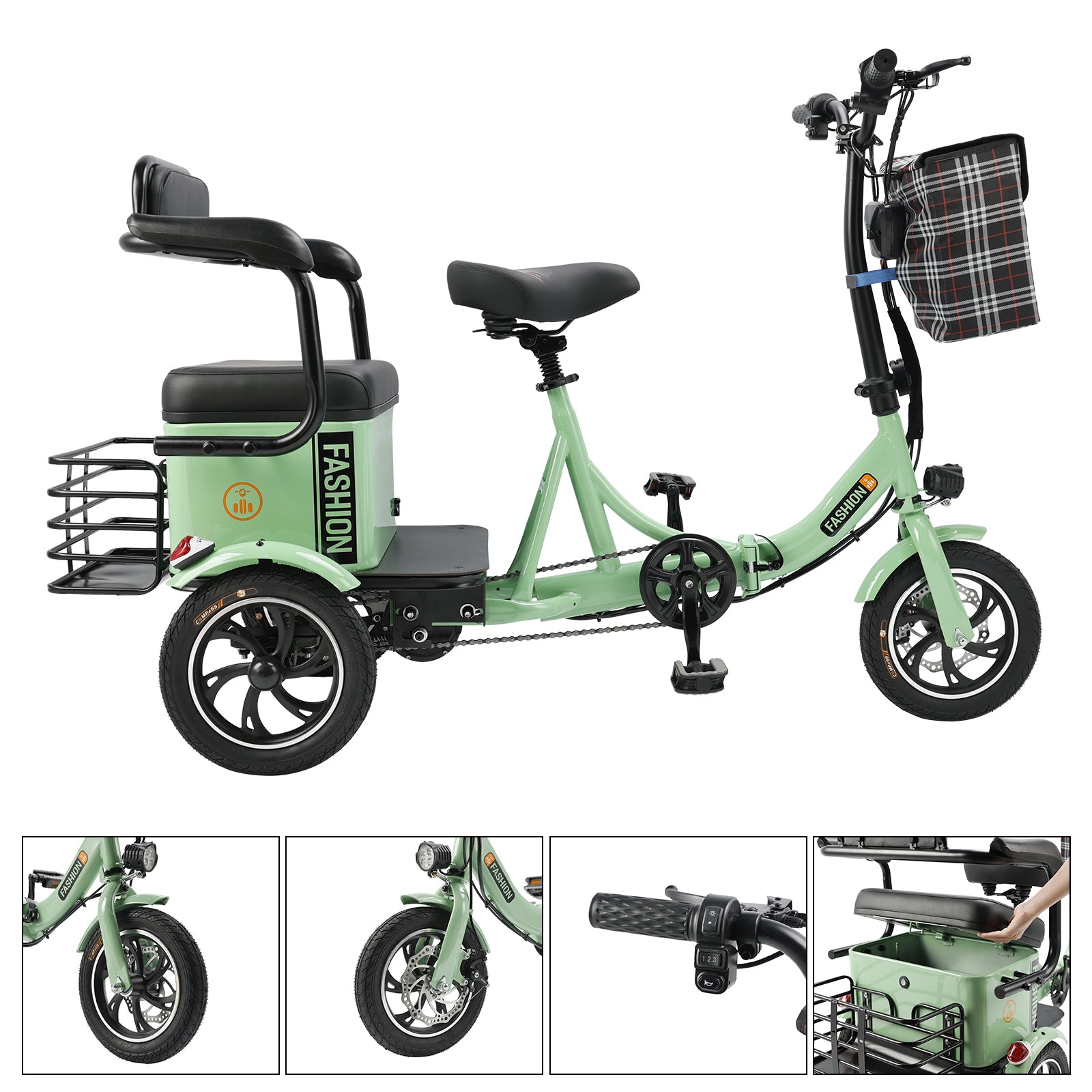 ARTUDATECH 400W Electric Folding Tricycle 3 Wheel E-bike with Rear Seat 48V 12A