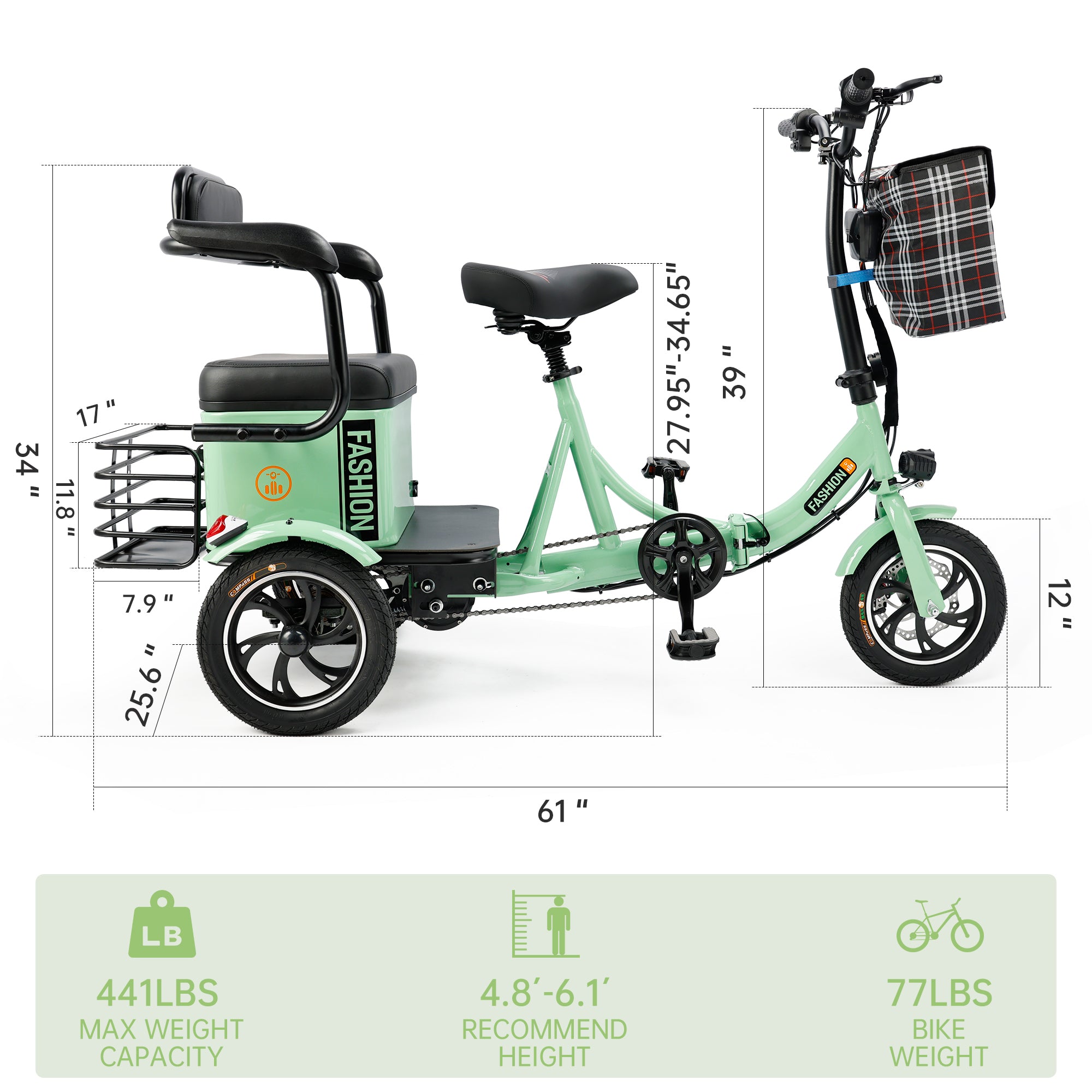 ARTUDATECH 400W Electric Folding Tricycle 3 Wheel E-bike with Rear Seat 48V 12A