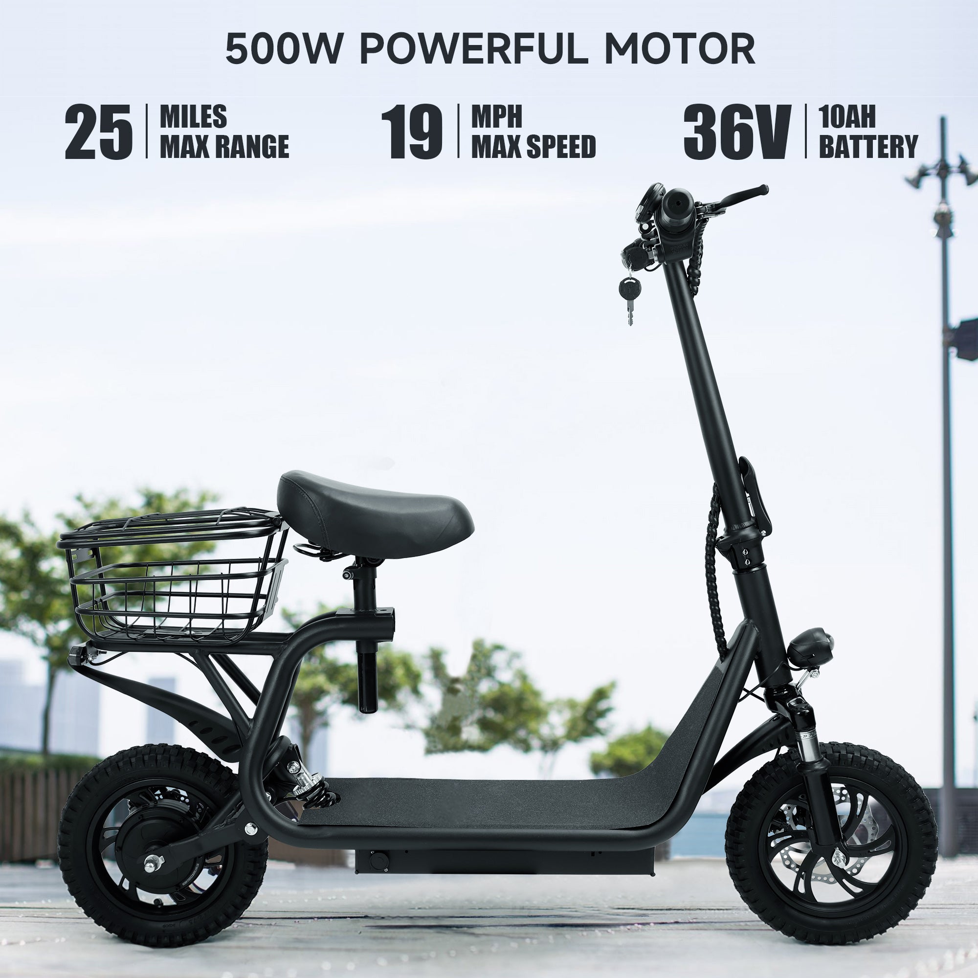 12" 500W Adult Shock Absorption Electric Scooter with Seat Commuter Electric Scooter With Carry Basket - Up to 25 Miles 18.6MPH Generic