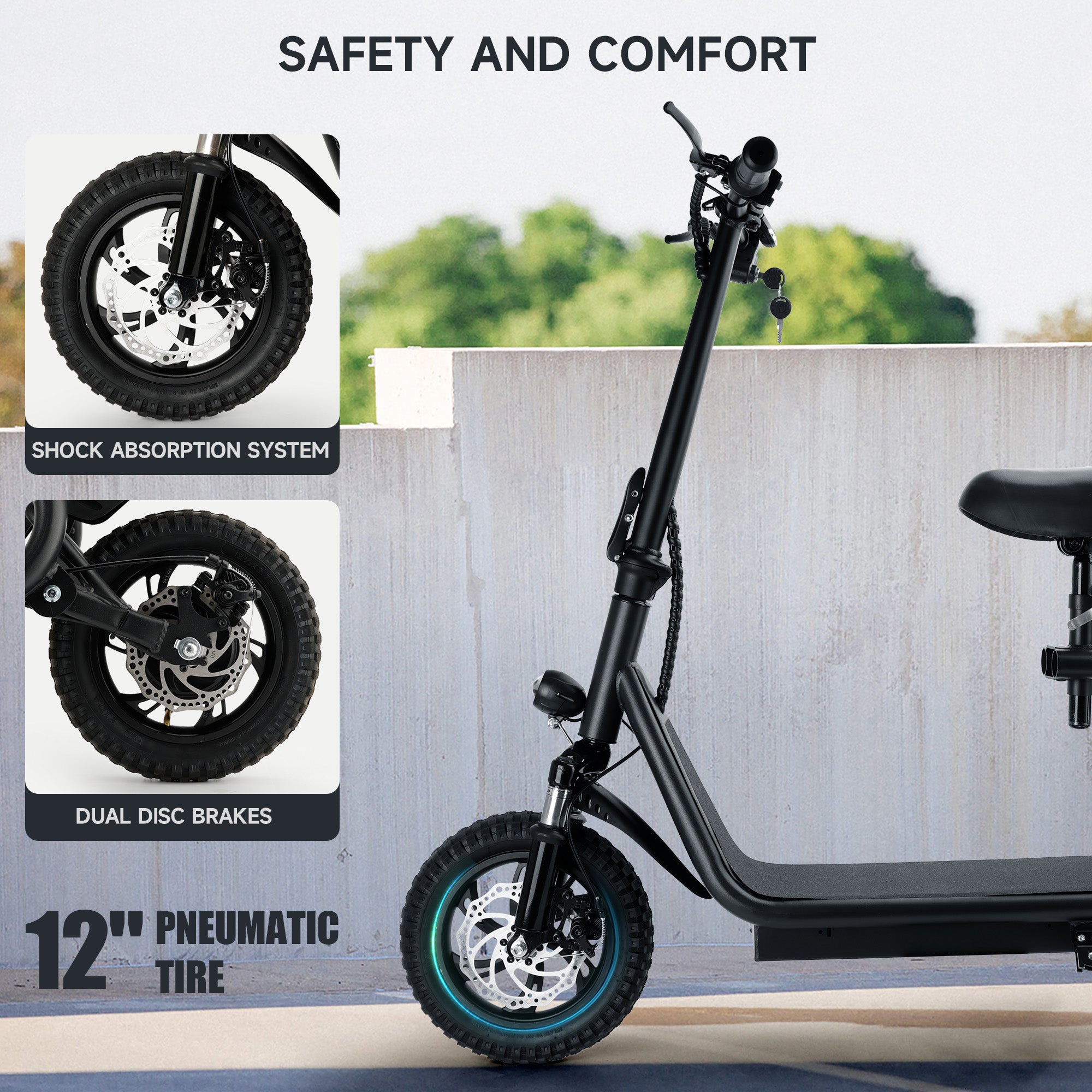 12" 500W Adult Shock Absorption Electric Scooter with Seat Commuter Electric Scooter With Carry Basket - Up to 25 Miles 18.6MPH Generic