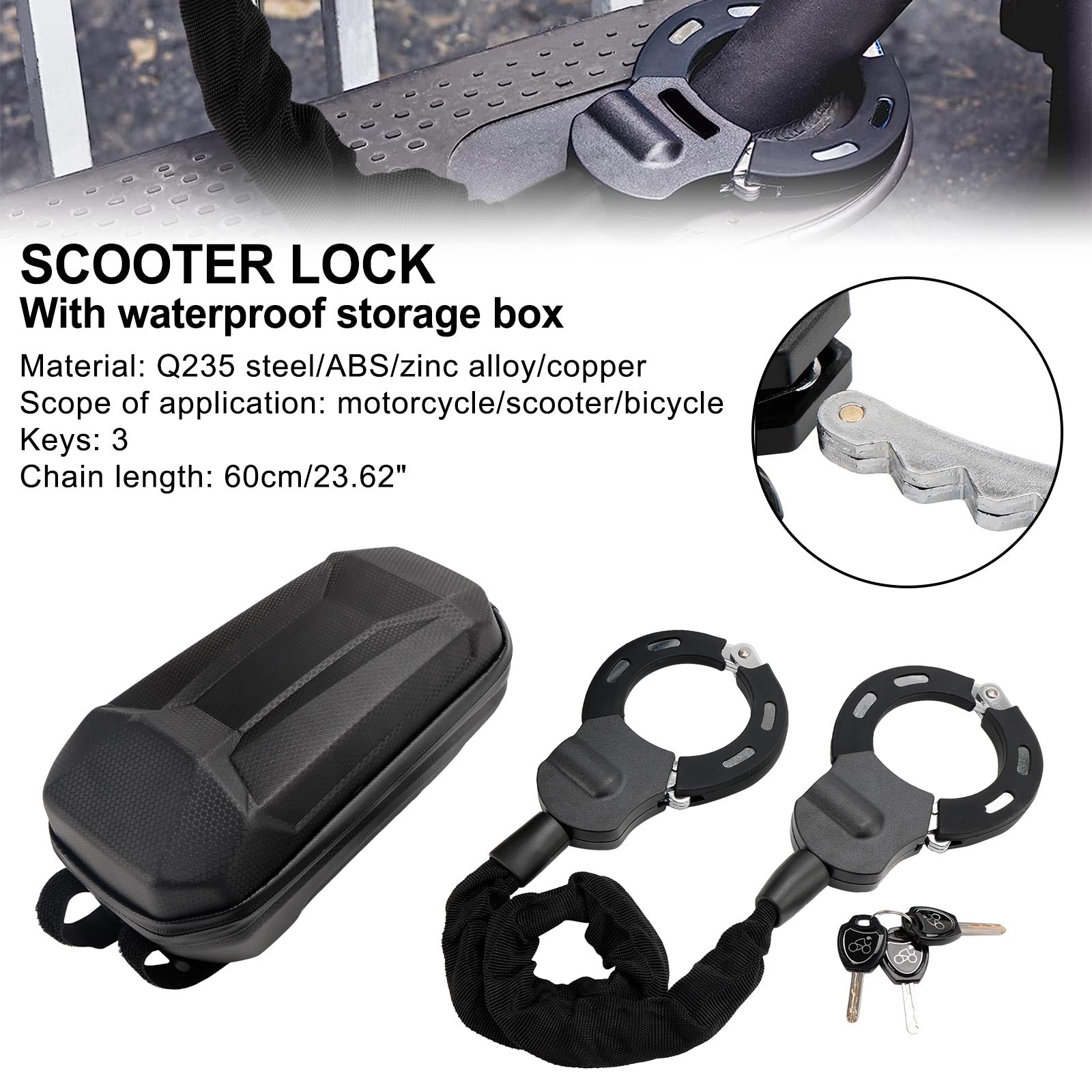 Electric scooter lock multi-section hardened steel construction with waterproof storage box