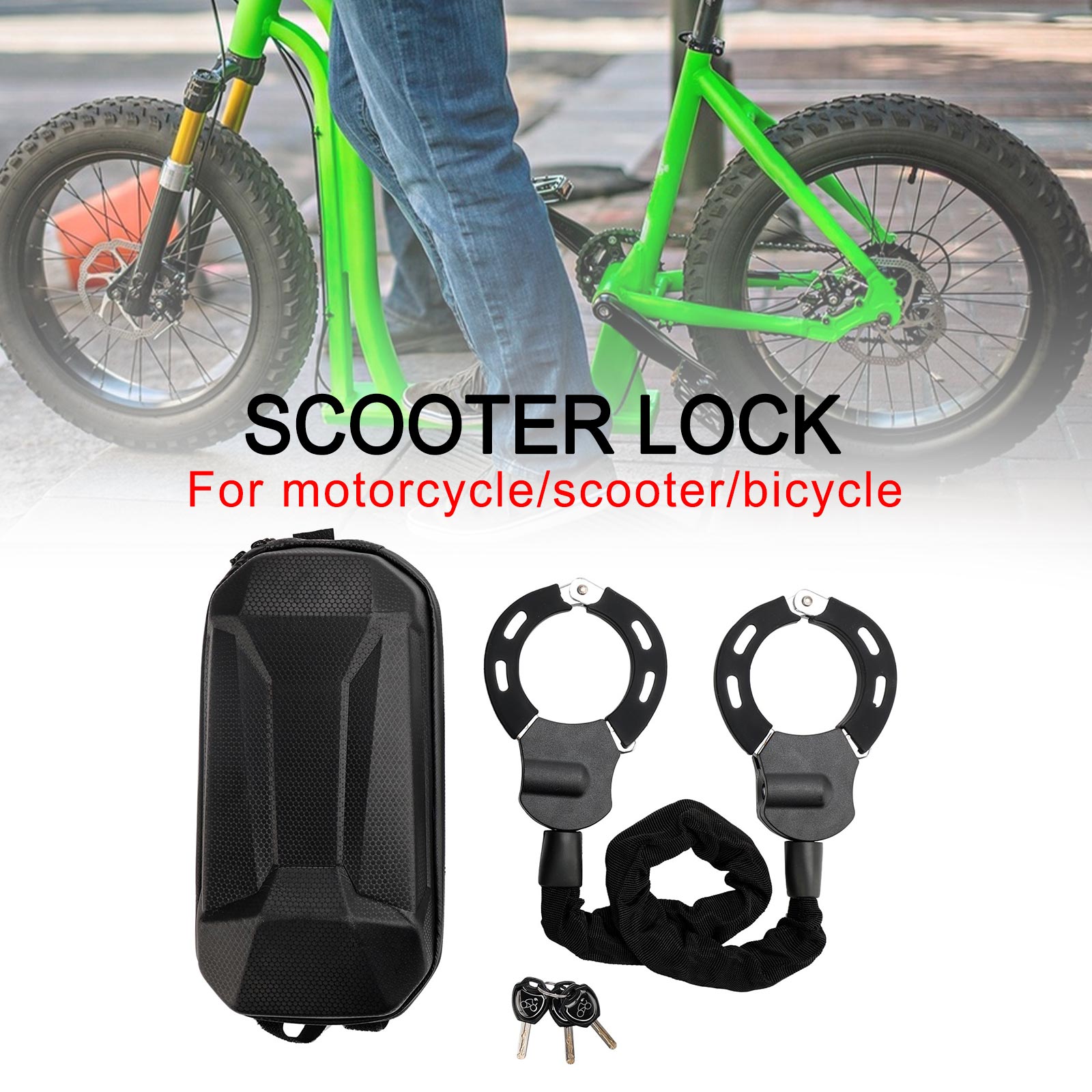 Electric scooter lock multi-section hardened steel construction with waterproof storage box