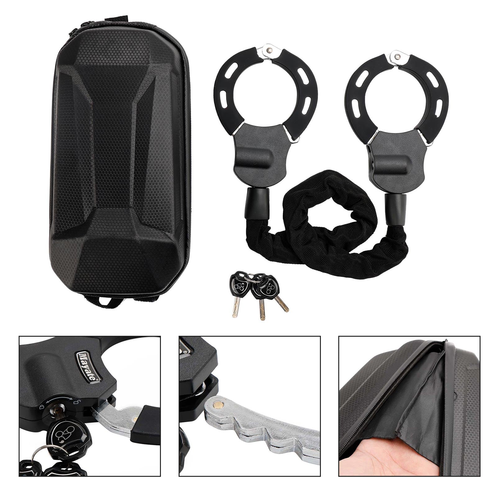 Electric scooter lock multi-section hardened steel construction with waterproof storage box